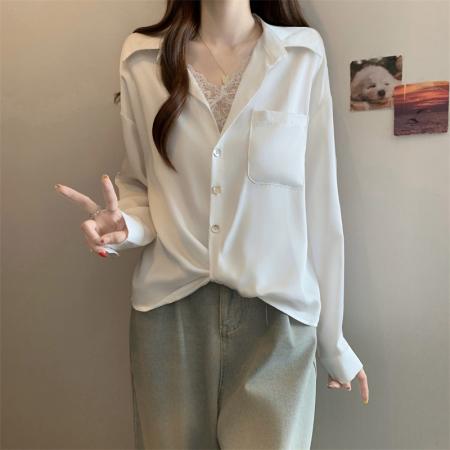 FA41589# 秋装新款法式衬衫女polo领蕾丝拼接长袖宽松大码衬衣 服裝批發女裝批發服飾貨源