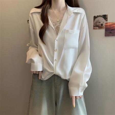 FA41589# 秋装新款法式衬衫女polo领蕾丝拼接长袖宽松大码衬衣 服裝批發女裝批發服飾貨源