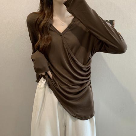 FA41590# 秋新款韩版设计感纽扣修身弹力显瘦打底衫长袖T恤上衣 服裝批發女裝批發服飾貨源