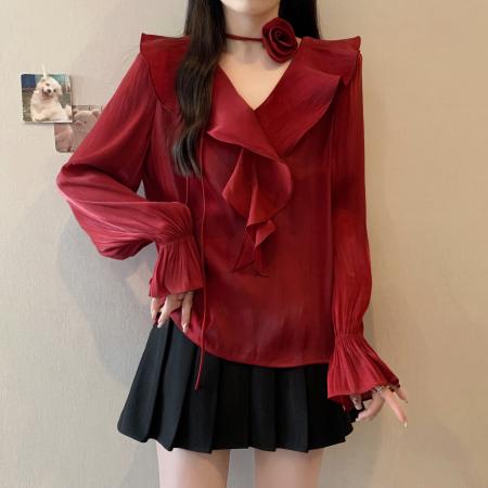 FA41592# 大码胖MM秋季新款气质V领领带花朵长袖衬衫小衫上衣女 服裝批發女裝批發服飾貨源