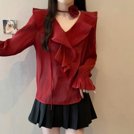 FA41592# 大码胖MM秋季新款气质V领领带花朵长袖衬衫小衫上衣女 服裝批發女裝批發服飾貨源