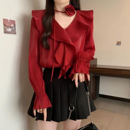 FA41592# 大码胖MM秋季新款气质V领领带花朵长袖衬衫小衫上衣女 服裝批發女裝批發服飾貨源