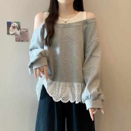 FA41593# 大码秋季新款露肩假两件卫衣休闲宽松纯欲松弛感女上衣 服裝批發女裝批發服飾貨源