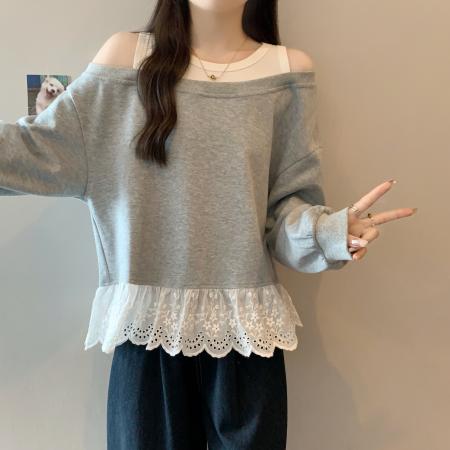 FA41593# 大码秋季新款露肩假两件卫衣休闲宽松纯欲松弛感女上衣 服裝批發女裝批發服飾貨源