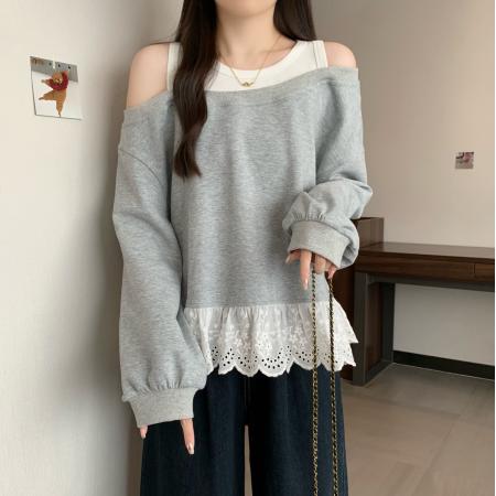 FA41593# 大码秋季新款露肩假两件卫衣休闲宽松纯欲松弛感女上衣 服裝批發女裝批發服飾貨源