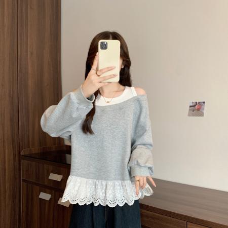 FA41593# 大码秋季新款露肩假两件卫衣休闲宽松纯欲松弛感女上衣 服裝批發女裝批發服飾貨源