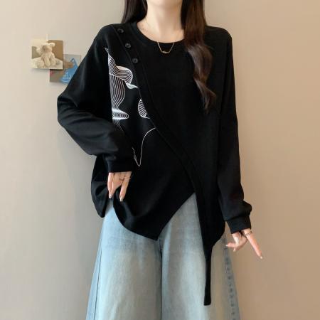 FA41594# 大码女装秋季新款宽松不规则拼接卫衣女设计感独特开叉上衣 服裝批發女裝批發服飾貨源