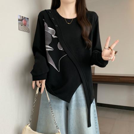 FA41594# 大码女装秋季新款宽松不规则拼接卫衣女设计感独特开叉上衣 服裝批發女裝批發服飾貨源