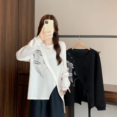 FA41594# 大码女装秋季新款宽松不规则拼接卫衣女设计感独特开叉上衣 服裝批發女裝批發服飾貨源