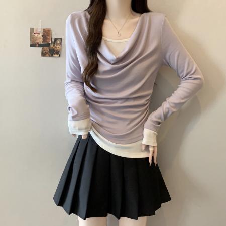 FA41595# 大码假两件长袖T恤女秋新款打底内搭秋季紫色高级感上衣 服裝批發女裝批發服飾貨源