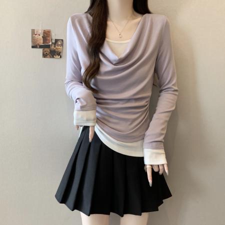 FA41595# 大码假两件长袖T恤女秋新款打底内搭秋季紫色高级感上衣 服裝批發女裝批發服飾貨源