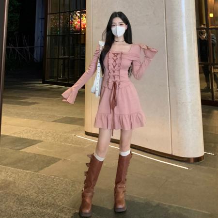 FA41600# 秋季新款大码女装假两件系绳长袖连衣裙设计感裙子显瘦 服裝批發女裝批發服飾貨源