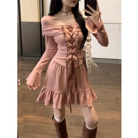 FA41600# 秋季新款大码女装假两件系绳长袖连衣裙设计感裙子显瘦 服裝批發女裝批發服飾貨源