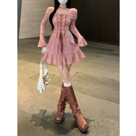 FA41600# 秋季新款大码女装假两件系绳长袖连衣裙设计感裙子显瘦 服裝批發女裝批發服飾貨源