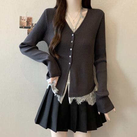 FA41601# 大码假两件针织衫女秋新款显瘦内搭法式蕾丝拼接上衣 服裝批發女裝批發服飾貨源