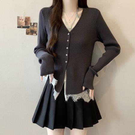 FA41601# 大码假两件针织衫女秋新款显瘦内搭法式蕾丝拼接上衣 服裝批發女裝批發服飾貨源