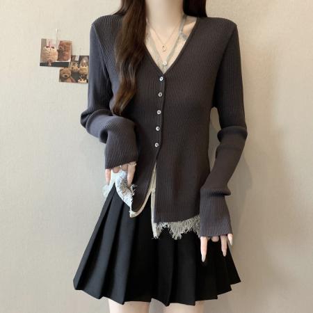FA41601# 大码假两件针织衫女秋新款显瘦内搭法式蕾丝拼接上衣 服裝批發女裝批發服飾貨源