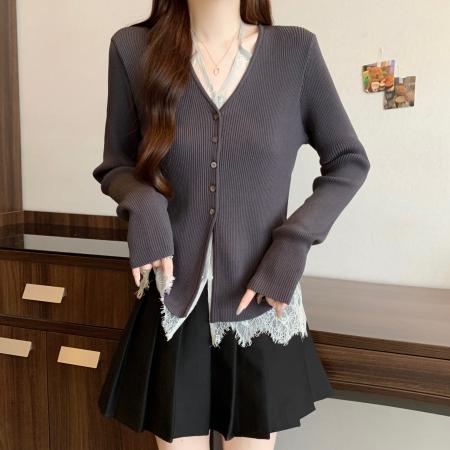 FA41601# 大码假两件针织衫女秋新款显瘦内搭法式蕾丝拼接上衣 服裝批發女裝批發服飾貨源