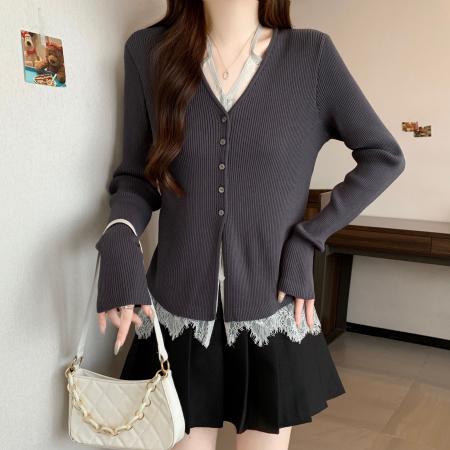 FA41601# 大码假两件针织衫女秋新款显瘦内搭法式蕾丝拼接上衣 服裝批發女裝批發服飾貨源