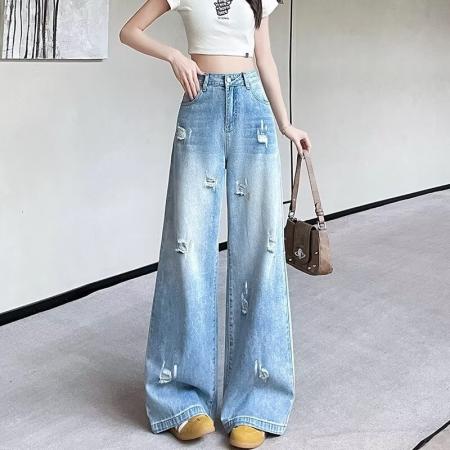 FA41607# 复古油彩破洞阔腿牛仔裤女夏季新款设计感高腰乞丐直筒拖地裤 服裝批發女裝批發服飾貨源