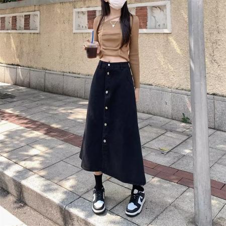 FA41608# 半身裙简约韩版休闲淑女宽松型A字裙长裙单排扣高腰夏季纯色 服裝批發女裝批發服飾貨源