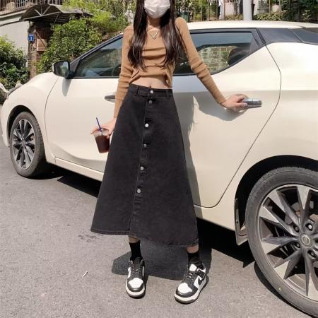 FA41608# 半身裙简约韩版休闲淑女宽松型A字裙长裙单排扣高腰夏季纯色 服裝批發女裝批發服飾貨源