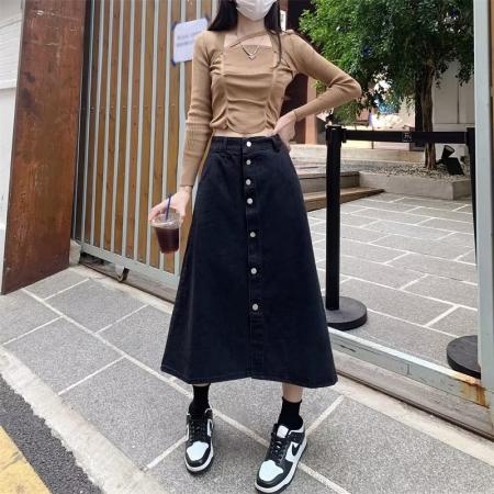 FA41608# 半身裙简约韩版休闲淑女宽松型A字裙长裙单排扣高腰夏季纯色 服裝批發女裝批發服飾貨源