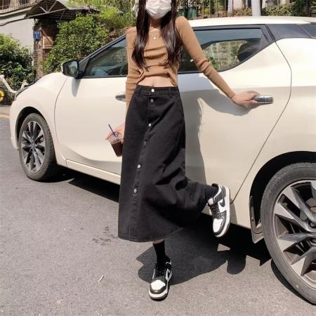 FA41608# 半身裙简约韩版休闲淑女宽松型A字裙长裙单排扣高腰夏季纯色 服裝批發女裝批發服飾貨源