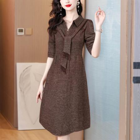 FA41611# 秋款咖色洋气时尚气质打底干练打底女士假两件连衣裙 服裝批發女裝批發服飾貨源