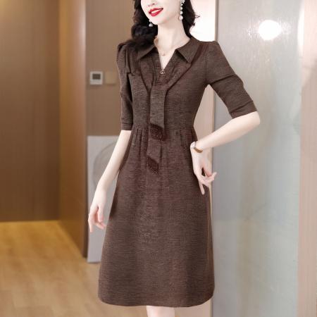 FA41611# 秋款咖色洋气时尚气质打底干练打底女士假两件连衣裙 服裝批發女裝批發服飾貨源