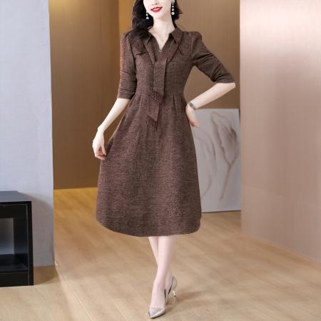 FA41611# 秋款咖色洋气时尚气质打底干练打底女士假两件连衣裙 服裝批發女裝批發服飾貨源