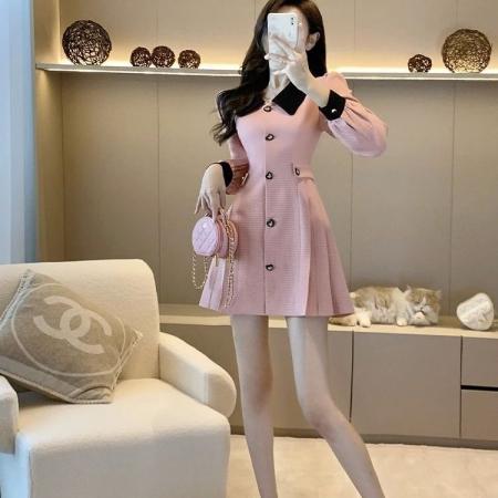 FA41613# 法式小香风连衣裙女粉色秋季新款小个子收腰显瘦高级爆款通勤外套 服裝批發女裝批發服飾貨源