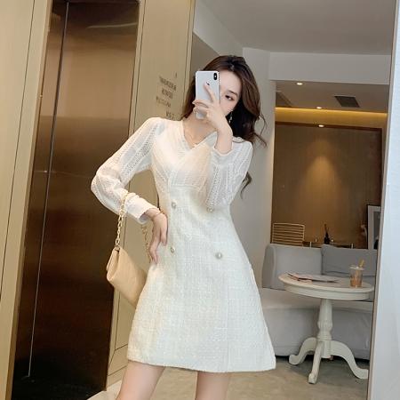 FA41614# 早秋女装连衣裙长袖秋装新款女毛呢小个子拼接秋季气质秋款 服裝批發女裝批發服飾貨源