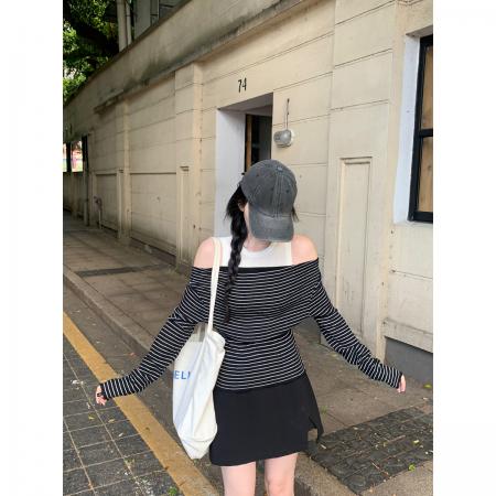 FA41620# 秋季韩版假两件撞色条纹一字肩休闲百搭6羊毛长袖T恤女 服裝批發女裝批發服飾貨源
