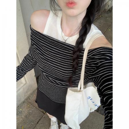 FA41620# 秋季韩版假两件撞色条纹一字肩休闲百搭6羊毛长袖T恤女 服裝批發女裝批發服飾貨源