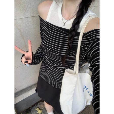 FA41620# 秋季韩版假两件撞色条纹一字肩休闲百搭6羊毛长袖T恤女 服裝批發女裝批發服飾貨源