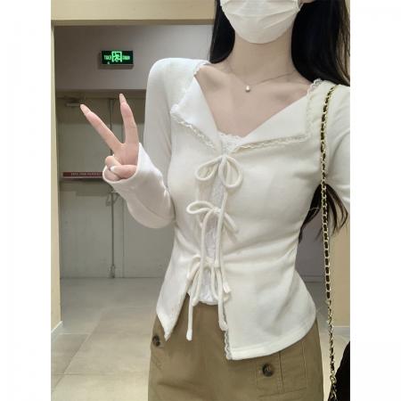 FA41621# 秋季韩版假两件纯欲蕾丝拼接系带设计长袖打底T恤女上衣 服裝批發女裝批發服飾貨源