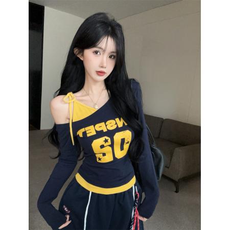 FA41628# 美式高街设计感假两件单肩带斜肩上衣秋季拼接辣妹t恤 服裝批發女裝批發服飾貨源