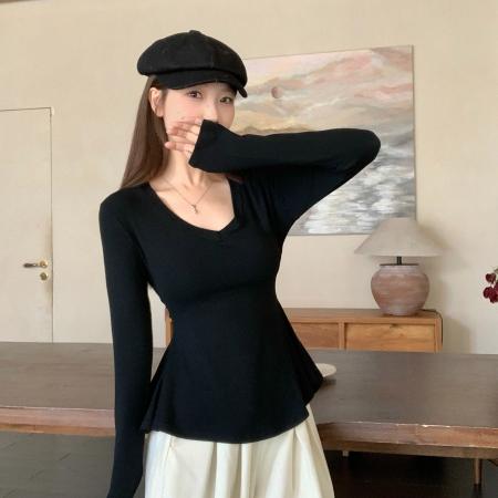 FA41632# 大码胖MM秋冬新款纯欲风辣妹设计感V领掐腰显瘦T恤打底衫 服裝批發女裝批發服飾貨源