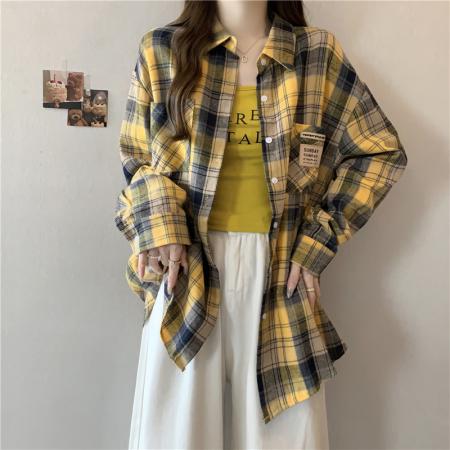 FA41636# 大码女装秋装新款设计感时尚百搭宽松显瘦格子衬衫长袖上衣 服裝批發女裝批發服飾貨源