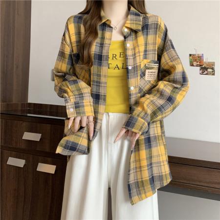 FA41636# 大码女装秋装新款设计感时尚百搭宽松显瘦格子衬衫长袖上衣 服裝批發女裝批發服飾貨源