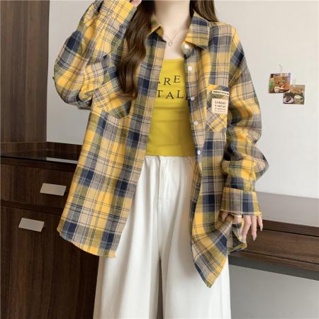 FA41636# 大码女装秋装新款设计感时尚百搭宽松显瘦格子衬衫长袖上衣 服裝批發女裝批發服飾貨源
