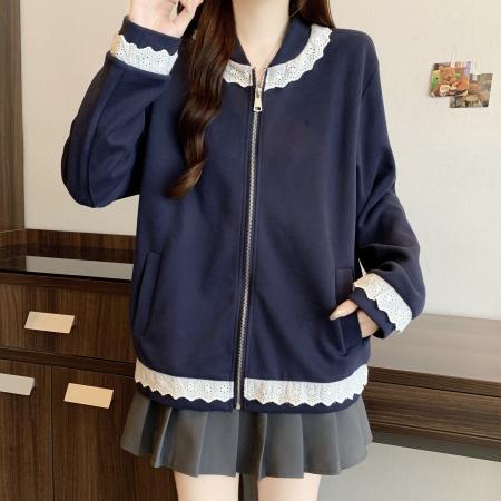 FA41639# 大码女装秋冬新款设计感时尚百搭宽松显瘦蕾丝拼接卫衣外套 服裝批發女裝批發服飾貨源