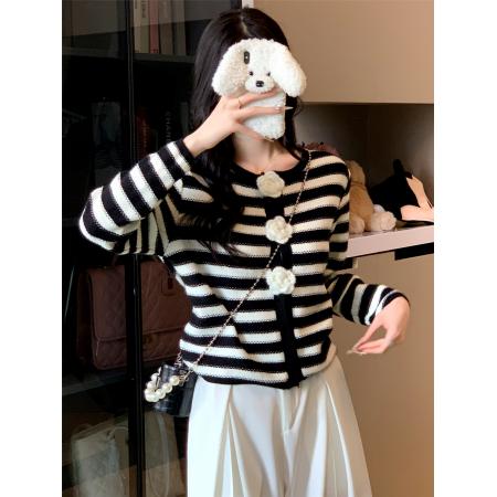 FA41646# 山茶花小香风外套女早秋季条纹钩花针织开衫上衣毛衣 服裝批發女裝批發服飾貨源