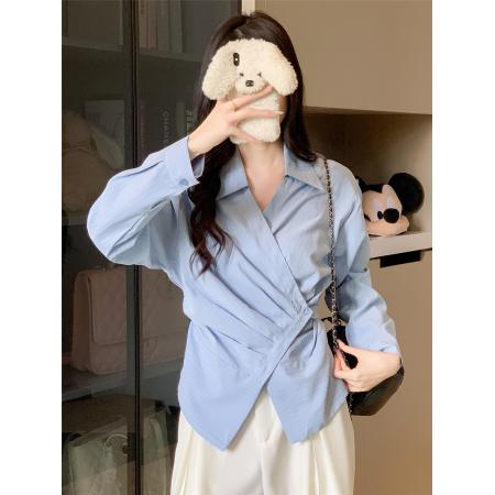 FA41647# 法式气质长袖Polo领条纹衬衫收腰显瘦上衣不规则衬衣 服裝批發女裝批發服飾貨源