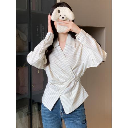 FA41647# 法式气质长袖Polo领条纹衬衫收腰显瘦上衣不规则衬衣 服裝批發女裝批發服飾貨源