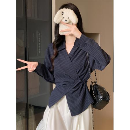 FA41647# 法式气质长袖Polo领条纹衬衫收腰显瘦上衣不规则衬衣 服裝批發女裝批發服飾貨源