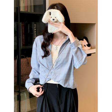 FA41648# 真两件套时尚百搭休闲长袖衬衫背心两件套 服裝批發女裝批發服飾貨源