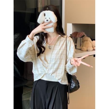 FA41648# 真两件套时尚百搭休闲长袖衬衫背心两件套 服裝批發女裝批發服飾貨源