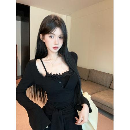 FA41651# 设计感吊带花边连衣裙气质纯欲收腰假两件短裙 服裝批發女裝批發服飾貨源